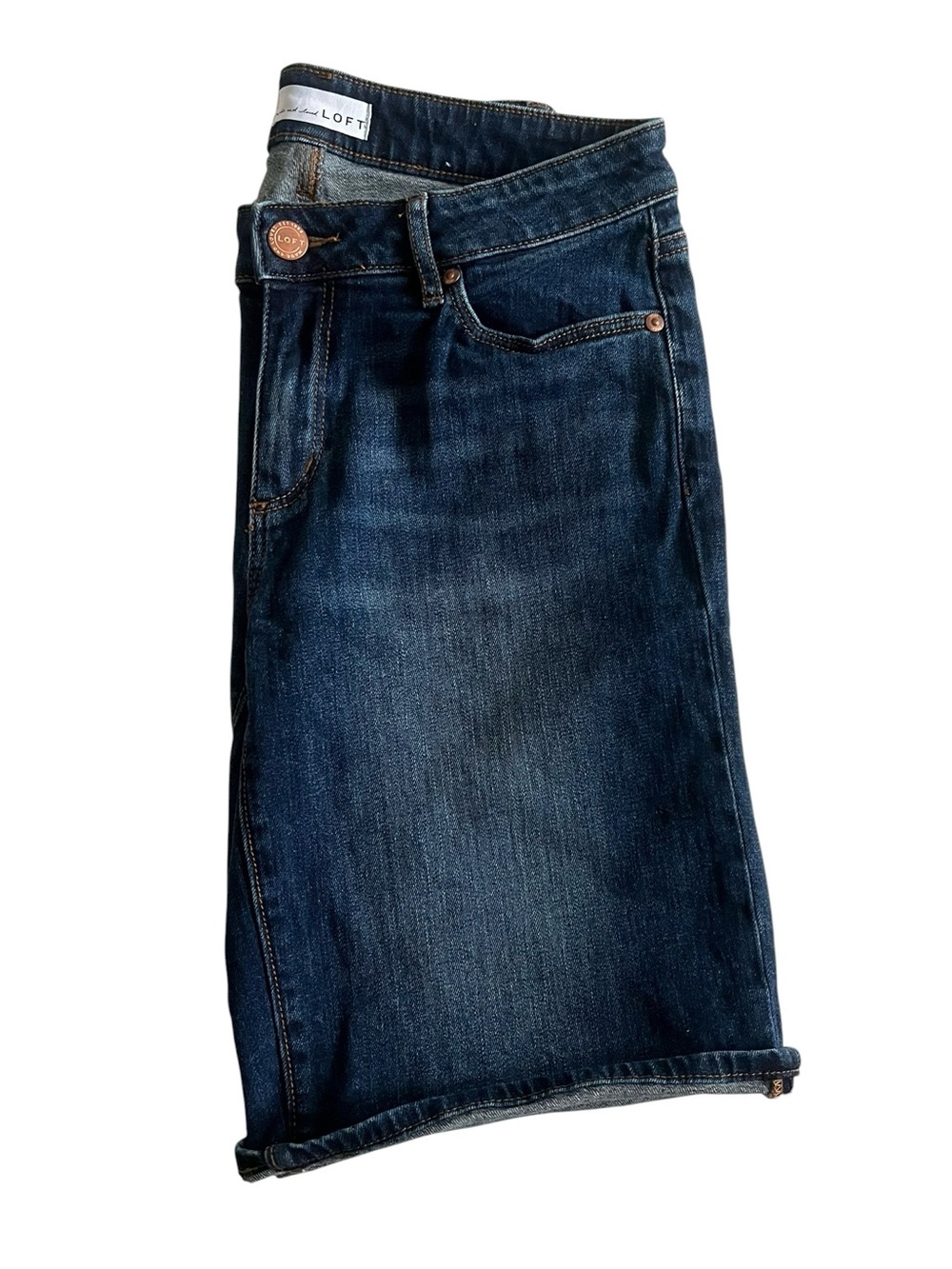 LOFT Dark Wash Denim Cuffed Bermuda Shorts Long Shorts Summer Style Size 27 / 4 - Picture 4 of 8